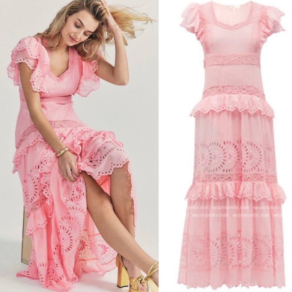 LoveShackFancy NEW Rinny Pink Cotton Eyelet Sweetheart Cotton Maxi Dress Size 8